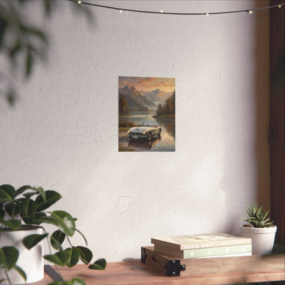Vintage 1957 BMW 507 Roadster Poster | Alpine Lake Sunset Reflection Wall Art | Impressionist European Classic Sports Car Fine Art Paper Print