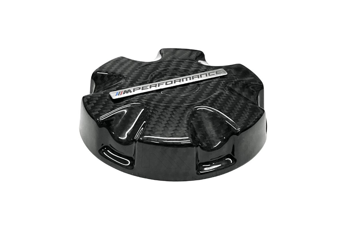 K2 Industries BMW MPerformance carbon fiber radiator cap cover with sleek, lightweight design for enhanced engine cooling.