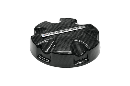 K2 Industries BMW MPerformance carbon fiber radiator cap cover with sleek, lightweight design for enhanced engine cooling.