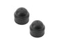 Pair of GoWesty pivot bolt caps for Vanagon rear suspension, shown in black with metal bolt holes for secure fit.