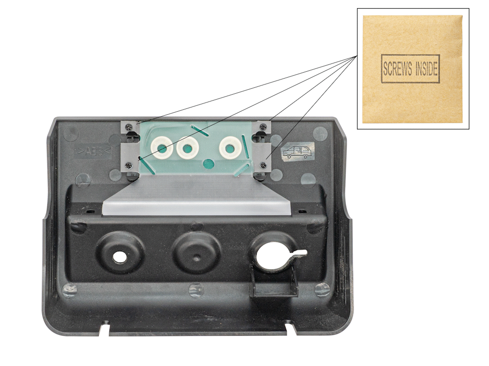 GoWesty Locker & Decoupler Switch Panel for Syncro vans, showing screw locations and electrical accessory details.