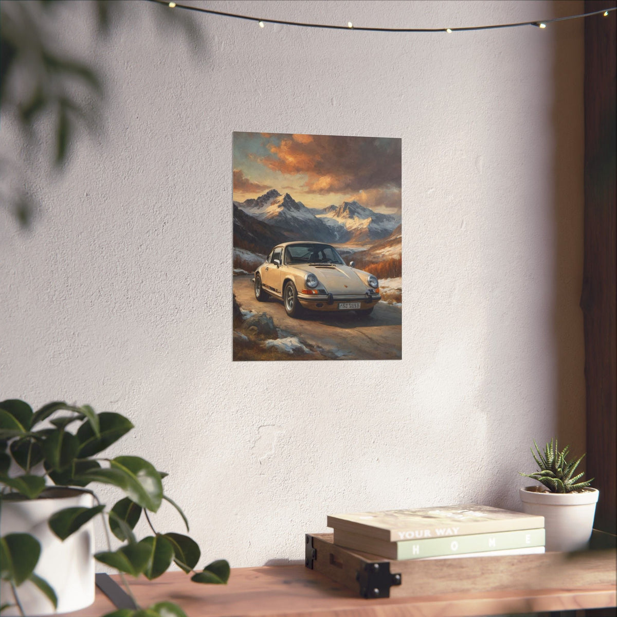 1973 Porsche 911 Wall Art Beige Sahara Grey Snow Capped Alps Alpine Pass Sunset Poster Classic German Sports Car Oil Painting Fine Art Print for Home Office Decor