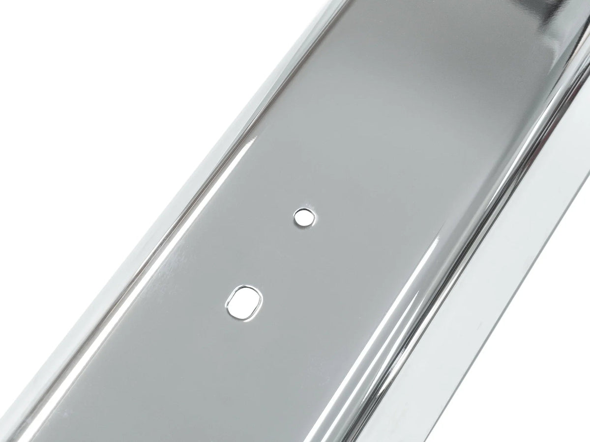 Rear chrome bumper for Volkswagen Vanagon Deluxe by GoWesty, showing shiny, polished metal with mounting brackets.