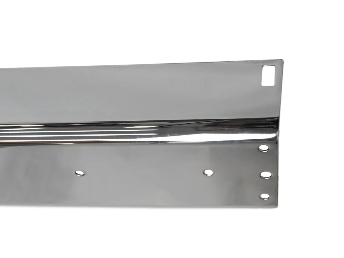 Rear chrome bumper for vehicle, Deluxe model by GoWesty, featuring shiny chrome finish and mounting brackets.