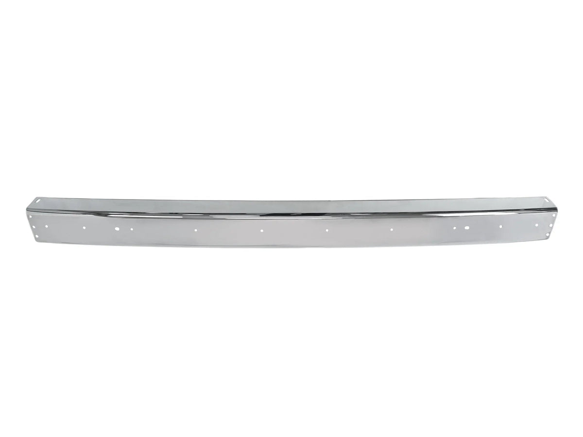 Rear chrome bumper for van, deluxe model by GoWesty, shiny and polished with mounting brackets visible.