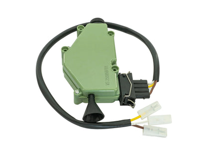 GoWesty Power Lock Actuator for Vanagon, close-up of the black plastic component with electrical connectors and mounting points.
