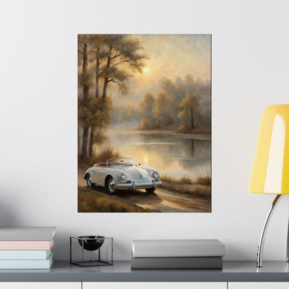 Vintage 1956 Porsche 356 Speedster Poster | Misty Lakeside Sunrise Wall Art | Impressionist European Classic Sports Car Fine Art Paper Print