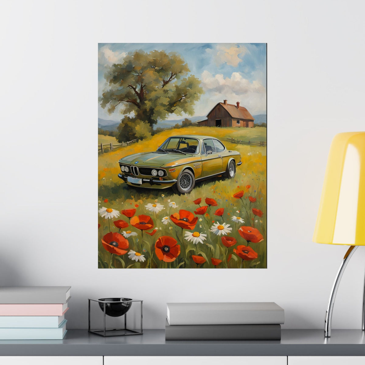 1973 BMW 30 CSL Wall Art Taiga Green Spring Poppy Field Countryside Barn Poster Classic German Sports Coupe Oil Painting Fine Art Print for Home Office Decor