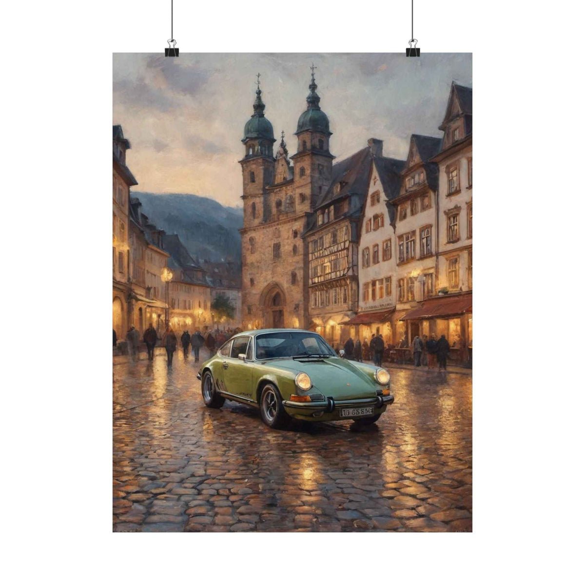 1973 Porsche 911 Wall Art Lime Yellow Green Old German Town Cobblestone Dusk Poster Classic German Sports Car Oil Painting Fine Art Print for Home Office Decor