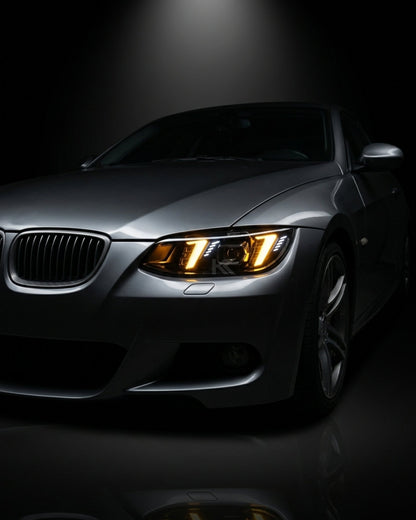 BMW 3 Series M3 E92/E93 LED headlight assembly with dual-color DRL, featuring snake eye design, for 2010-2013 models by K2 Industries.