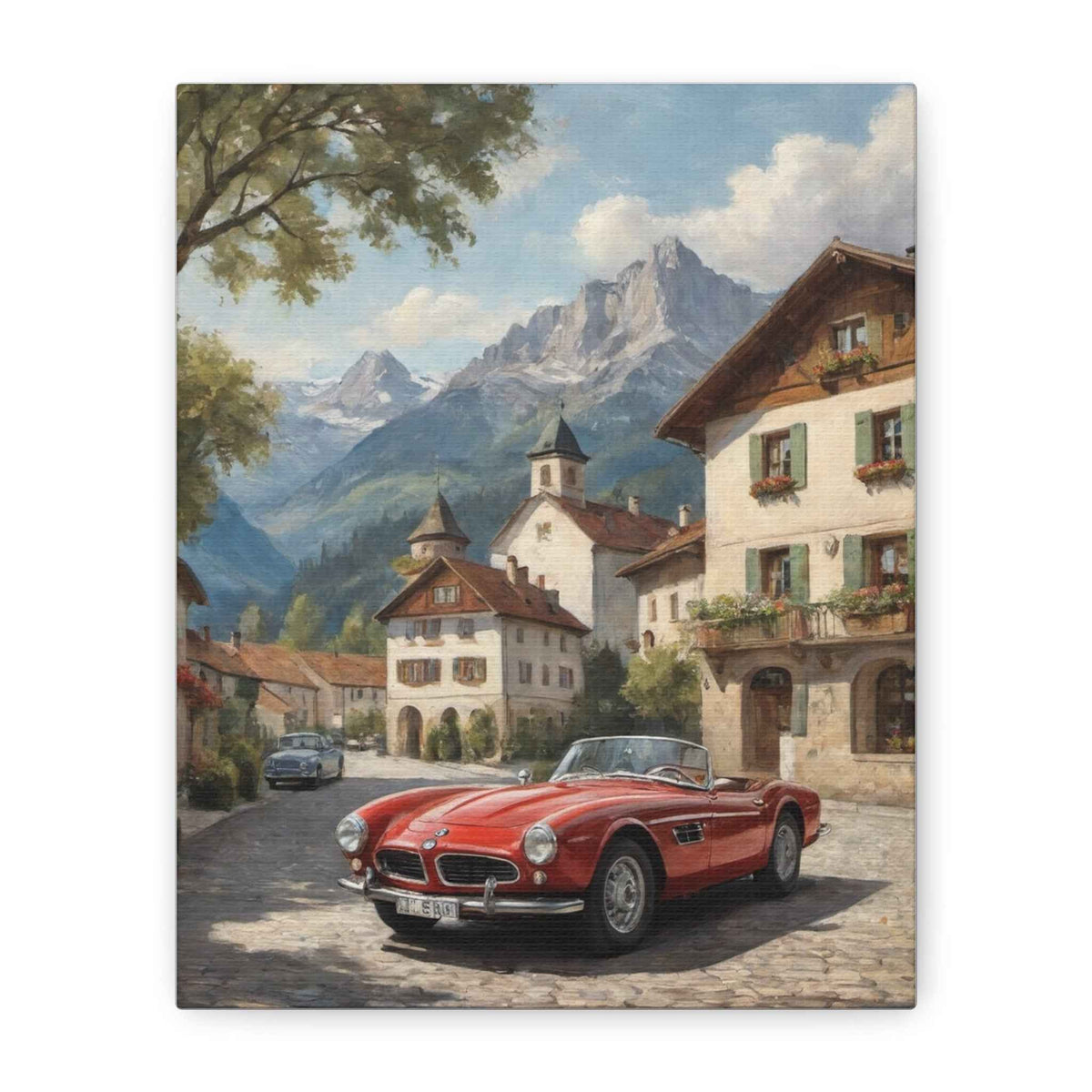 Vintage 1957 BMW 507 Roadster Canvas Wall Art | Bavarian Alpine Village Canvas Print | Impressionist Classic European Sports Car Art for Living Room & Office