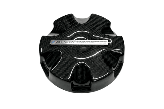 BMW MPerformance carbon fiber radiator cap cover by K2 Industries, showcasing sleek black carbon fiber with detailed branding.