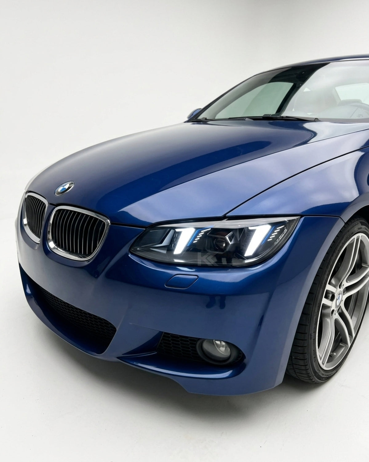 BMW M3 E92/E93 LED headlight assembly with dual-color DRL, for 2010-2013 3 Series, featuring snake eye LCI design by K2 Industries.