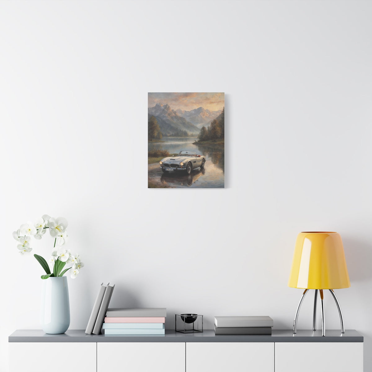 Vintage 1957 BMW 507 Roadster Canvas Wall Art | Alpine Lake Sunset Reflection Canvas Print | Impressionist Classic European Sports Car Art for Living Room & Office