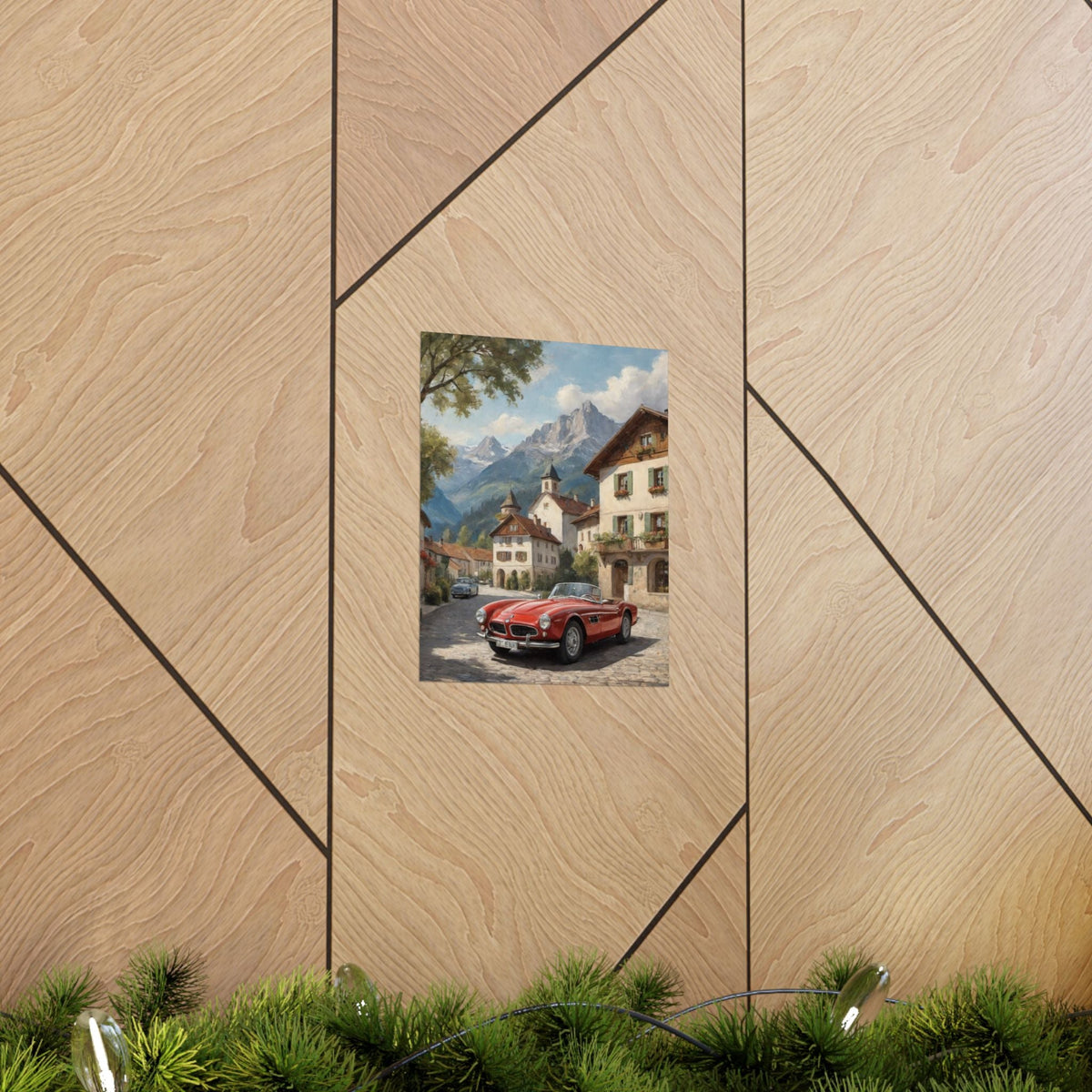 Vintage 1957 BMW 507 Roadster Poster | Bavarian Alpine Village Wall Art | Impressionist European Classic Sports Car Fine Art Paper Print