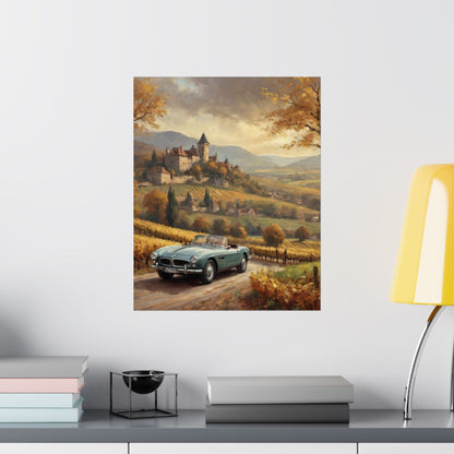 Vintage 1957 BMW 507 Roadster Poster | Autumn Vineyard Castle Valley Wall Art | Impressionist European Classic Sports Car Fine Art Paper Print