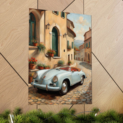 Vintage 1956 Porsche 356 Speedster Poster | Italian Village Street Wall Art | Impressionist European Classic Sports Car Fine Art Paper Print
