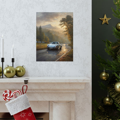 1973 Porsche 911 Wall Art Silver Metallic Nürburgring Nordschleife Misty Forest Racetrack Sunrise Poster Classic German Sports Car Oil Painting Fine Art Print for Home Office Decor