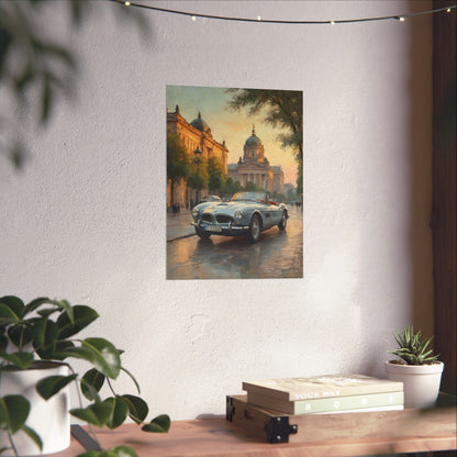 Vintage 1957 BMW 507 Roadster Poster | European City Boulevard Sunset Wall Art | Impressionist European Classic Sports Car Fine Art Paper Print
