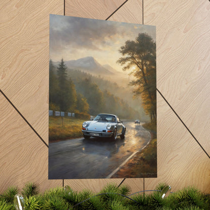 1973 Porsche 911 Wall Art Silver Metallic Nürburgring Nordschleife Misty Forest Racetrack Sunrise Poster Classic German Sports Car Oil Painting Fine Art Print for Home Office Decor
