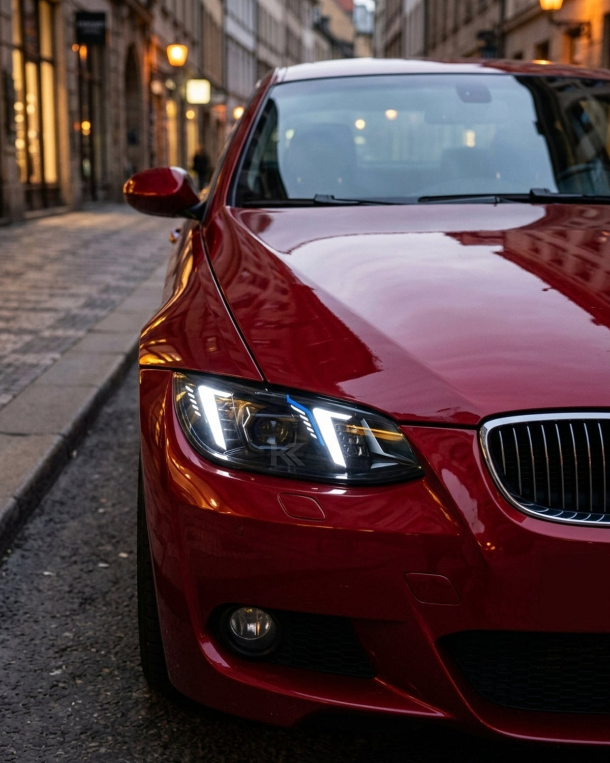 BMW 3 Series M3 E92 E93 LED headlight assembly with dual-color DRL for 2010-2013, featuring snake eye LCI design by K2 Industries.