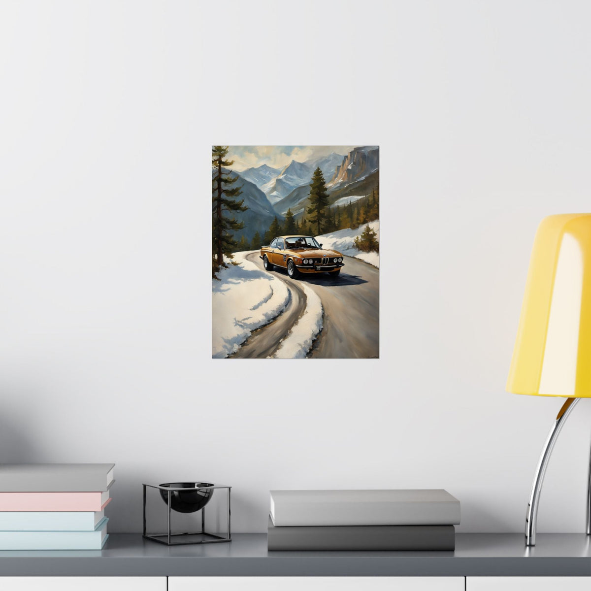 1973 BMW 30 CSL Wall Art Inka Orange Bronze Alpine Mountain Pass Snow Road Poster Classic German Sports Coupe Oil Painting Fine Art Print for Home Office Decor