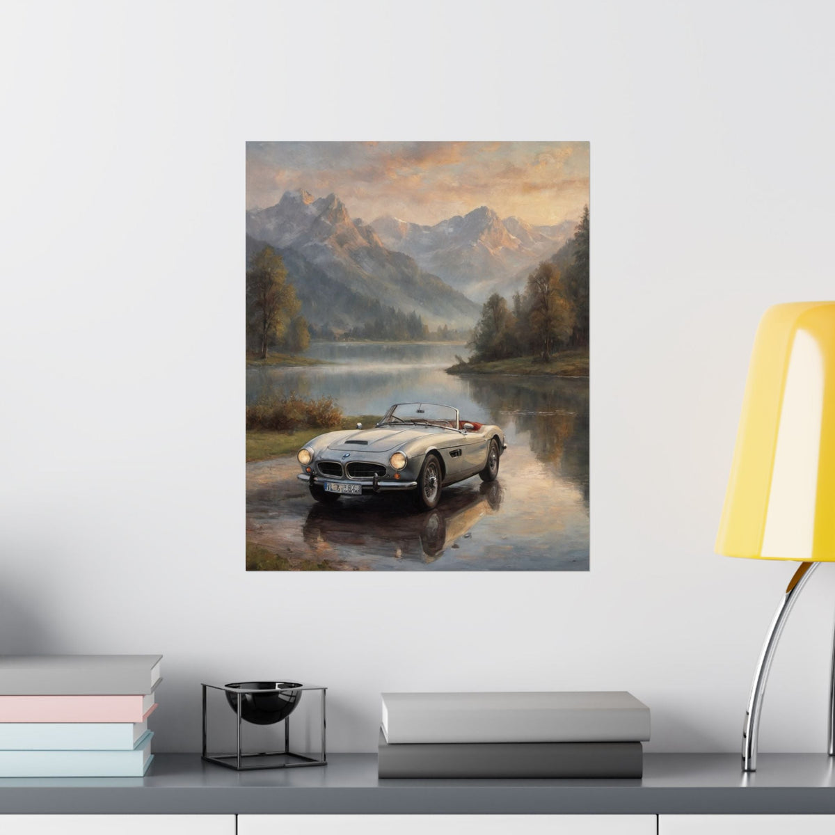 Vintage 1957 BMW 507 Roadster Poster | Alpine Lake Sunset Reflection Wall Art | Impressionist European Classic Sports Car Fine Art Paper Print