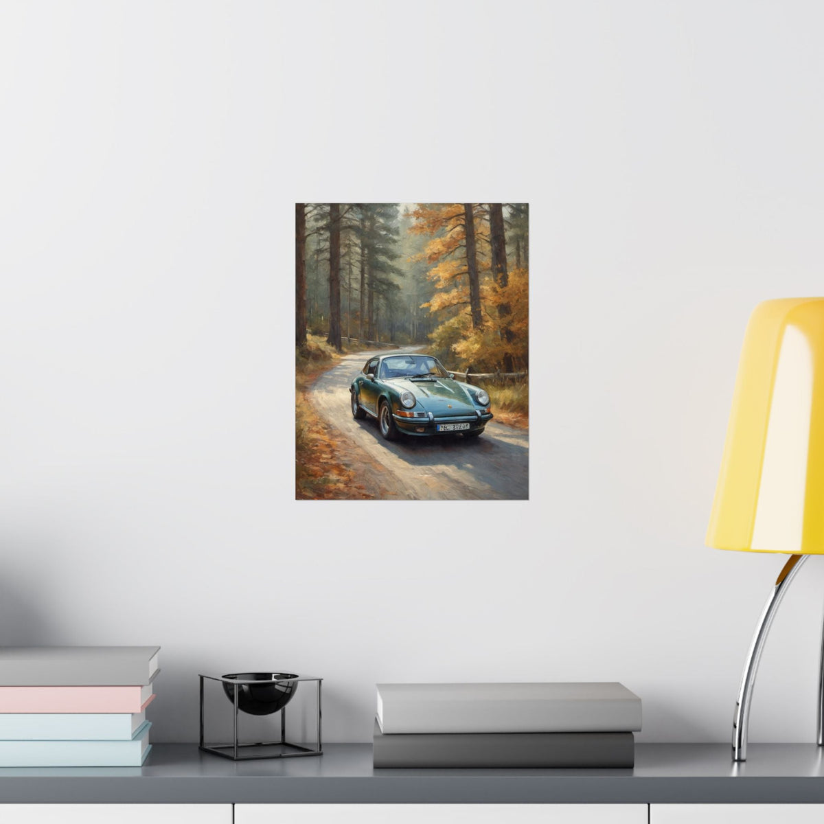 1973 Porsche 911 Wall Art Forest Green Autumn Pine Forest Dirt Road Poster Classic German Sports Car Oil Painting Fine Art Print for Home Office Decor