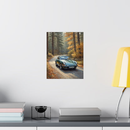 1973 Porsche 911 Wall Art Forest Green Autumn Pine Forest Dirt Road Poster Classic German Sports Car Oil Painting Fine Art Print for Home Office Decor