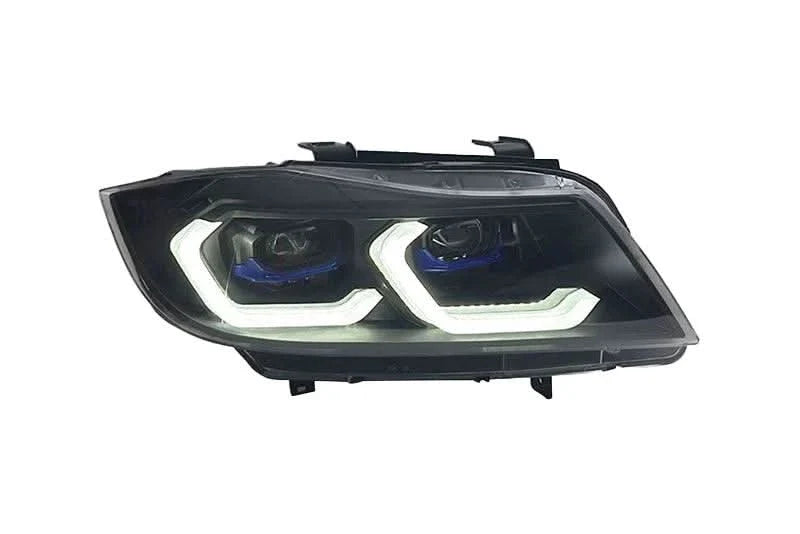 BMW 3 Series E90 LED headlights by K2 Industries, modern laser-style design with bright illumination for model years 2004-2013.