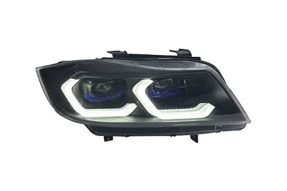 BMW 3 Series E90 LED headlights by K2 Industries, modern laser-style design with bright illumination for model years 2004-2013.