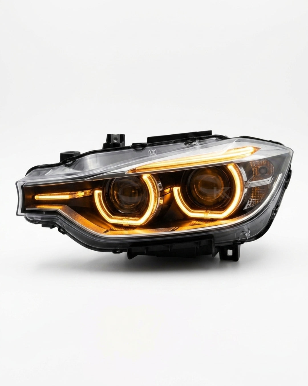 BMW 3 Series F30 LED headlight assembly with triple-color DRL, high and low beams, by K2 Industries, showing front view.