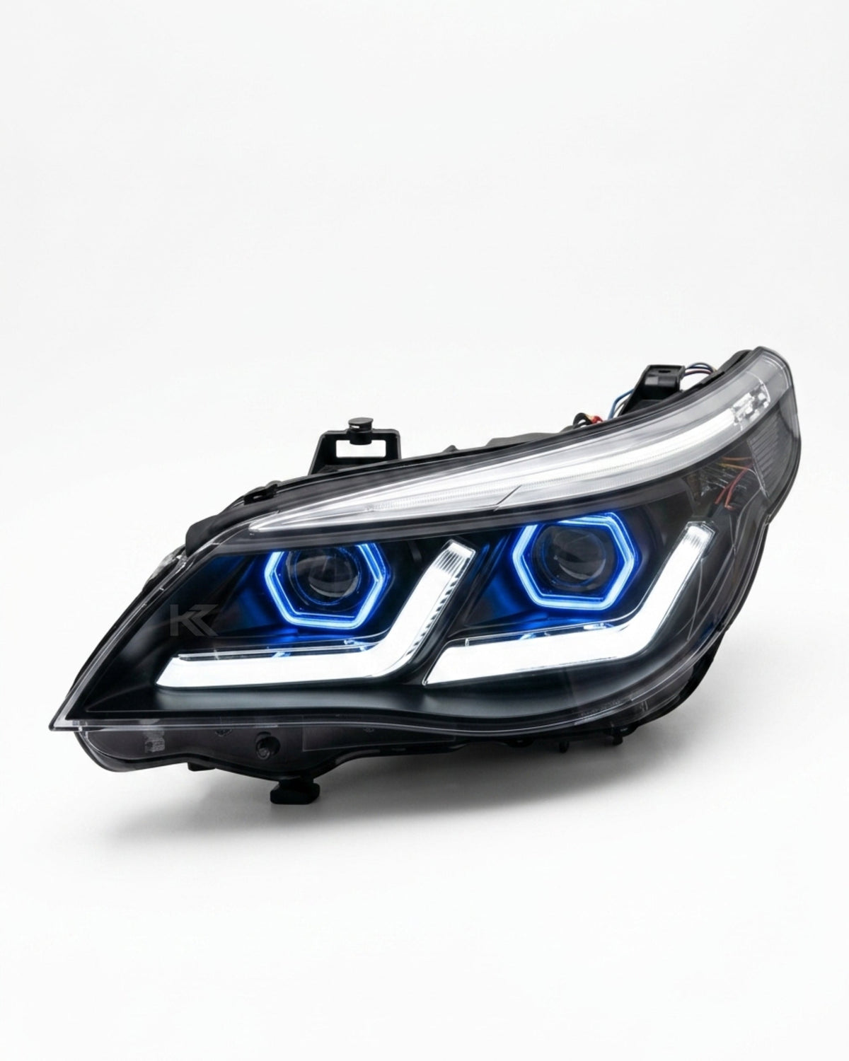 BMW 5-Series E60 E61 headlights with modern LED style by K2 Industries, featuring clear lens and sleek design for 2003-2010 models.