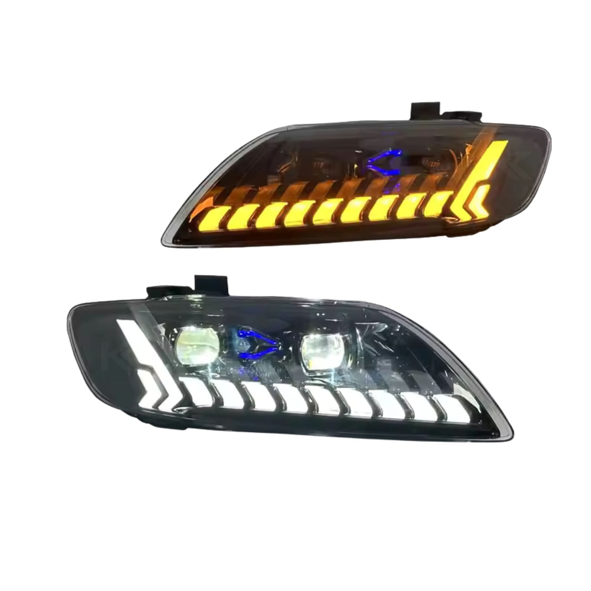 Audi Q7 full LED projector headlights by K2 Industries, showing sleek design and clear lens for 2006-2015 model years.