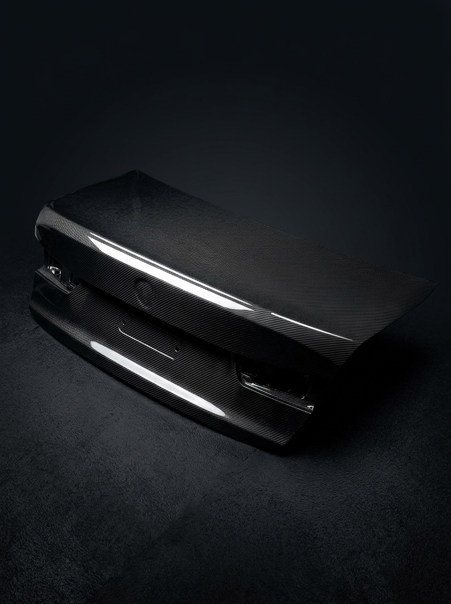BMW 3 Series G80 M3 OEM Style carbon fiber trunk by K2 Industries, with a sleek, glossy finish and aerodynamic design.