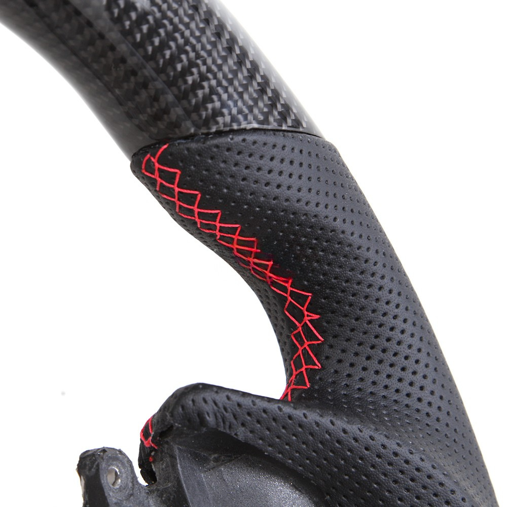 Vekto premium full leather steering wheel for BMW 3 Series E90, E91, E92, E93, and M3, showing a close-up of the leather grip and spokes.