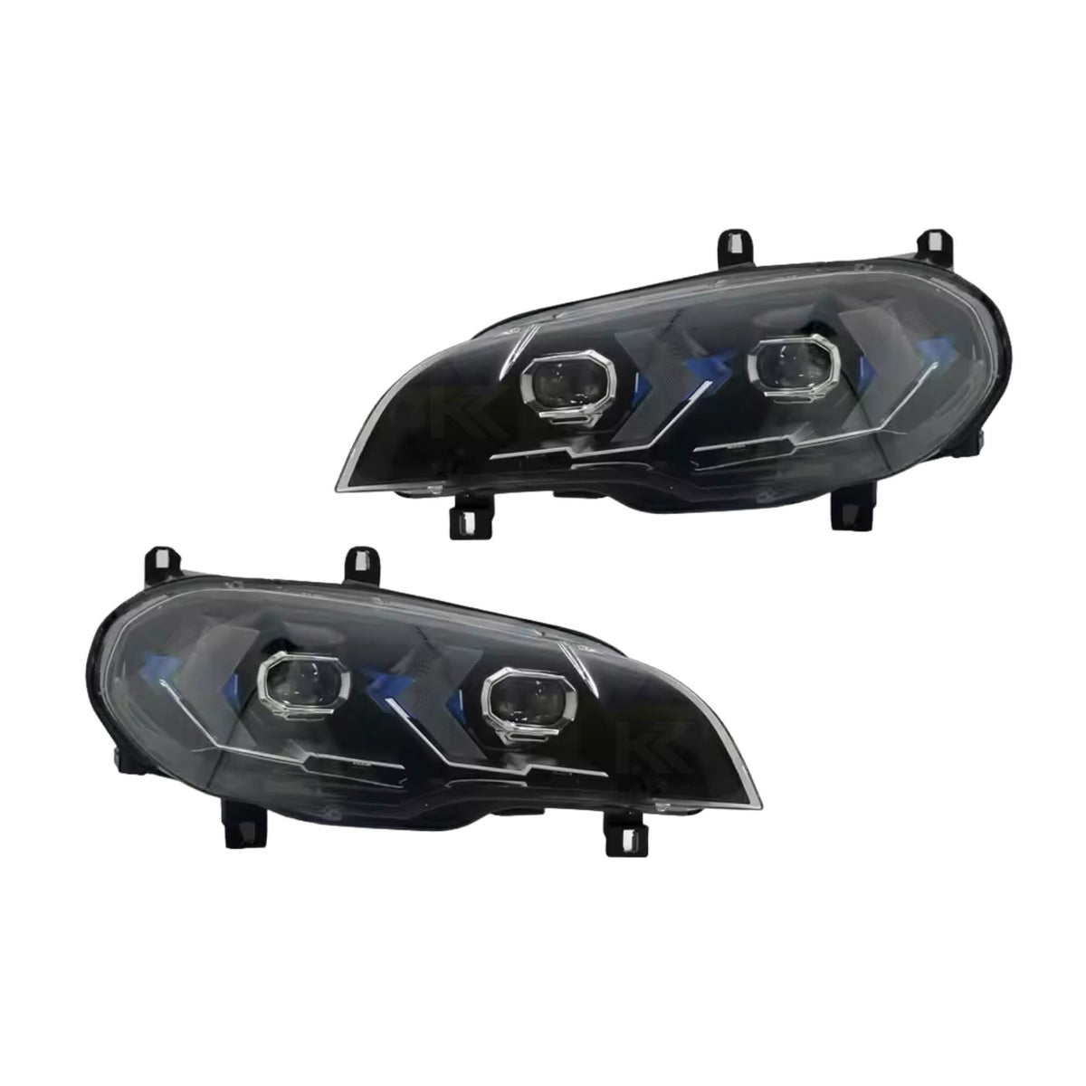 BMW X5 E70 laser style LED headlights by K2 Industries, showcasing sleek headlight units with modern LED and laser accents.