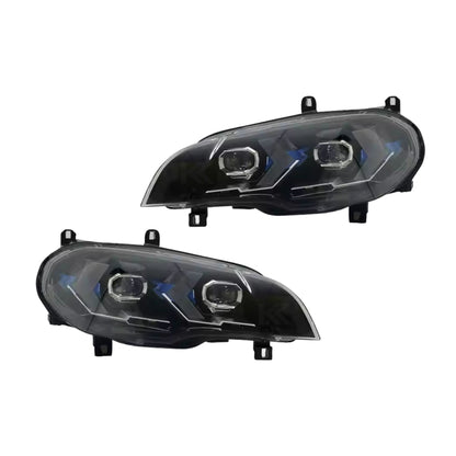 BMW X5 E70 laser style LED headlights by K2 Industries, showcasing sleek headlight units with modern LED and laser accents.
