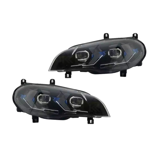 BMW X5 E70 laser style LED headlights by K2 Industries, showcasing sleek headlight units with modern LED and laser accents.