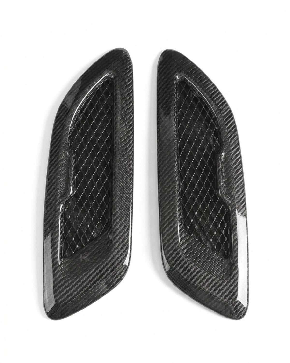 BMW F80 M3, F82 M4, F87 M2, F90 M5, G30 carbon fiber hood vents by K2 Industries, showing sleek, lightweight vent design.