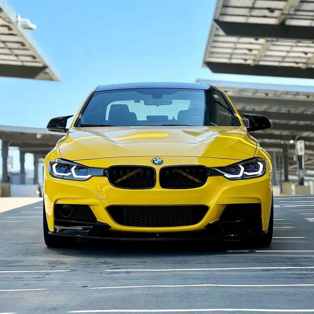 BMW 3 Series F30 F35 F31 headlights by K2 Industries, featuring modern laser design with clear lenses and intricate internal light elements.
