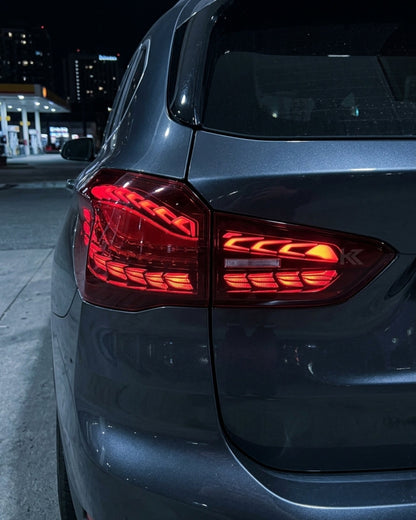 BMW X1 GTS Dragon Scale LED tail lights by K2 Industries, showing the sleek, illuminated tail light design for 2016-2021 models.