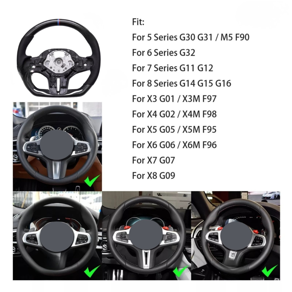 Vekto carbon fiber steering wheel for BMW G Series M Sport G30 G05 G11, close-up view of black textured wrap and sporty design.