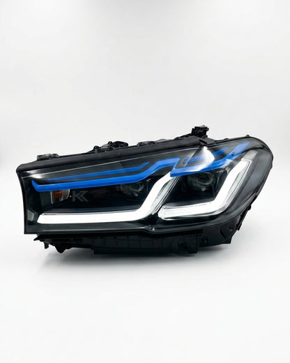 BMW 5-Series G30 G38 Laser LED headlights by K2 Industries, showing the sleek headlight design with illuminated laser modules.