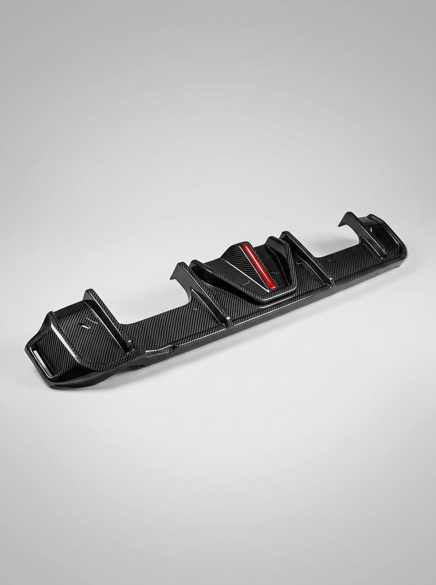 BMW 3 Series G80 M3 G82 G83 M4 carbon fiber rear diffuser with integrated LED lights, designed for 2019-2024 models by K2 Industries.