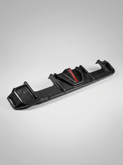 BMW 3 Series G80 M3 G82 G83 M4 carbon fiber rear diffuser with integrated LED lights, designed for 2019-2024 models by K2 Industries.
