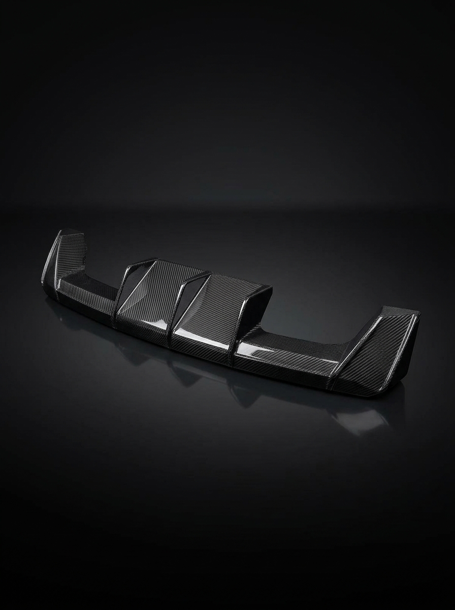 K2 Industries BMW 3 Series G80 M3 G82 M4 Euro style carbon fiber rear diffuser for 2019-2024 models, showcasing sleek aerodynamic design.