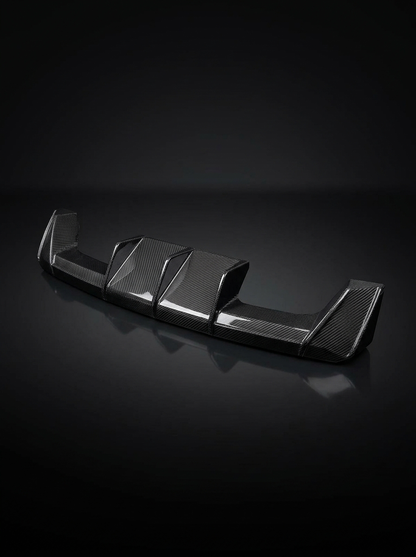 K2 Industries BMW 3 Series G80 M3 G82 M4 Euro style carbon fiber rear diffuser for 2019-2024 models, showcasing sleek aerodynamic design.