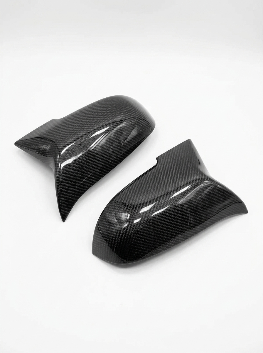K2 Industries carbon fiber side mirror covers for BMW 1 & 2 Series F20, F21, F22, F32, F87 M135i, M140i models, sleek and lightweight.