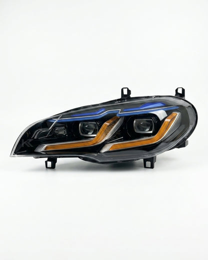 BMW X5 E70 LED headlights upgrade by K2 Industries, showing sleek, high-performance headlight units with LED bulbs and modern design.